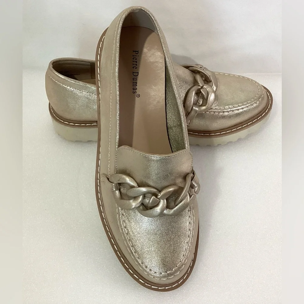 Pierre Dumas Woman’s Slip on Casual Loafer Size 10M Color Gold Chunky Platform